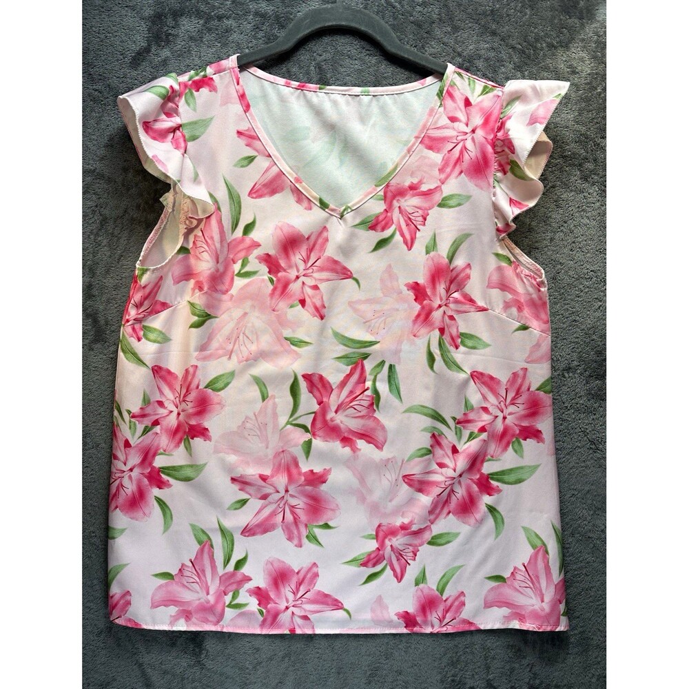 Women’s Pink/White/Green Floral V-Neck Ruffle Sleeve Pullover Satin Blouse M